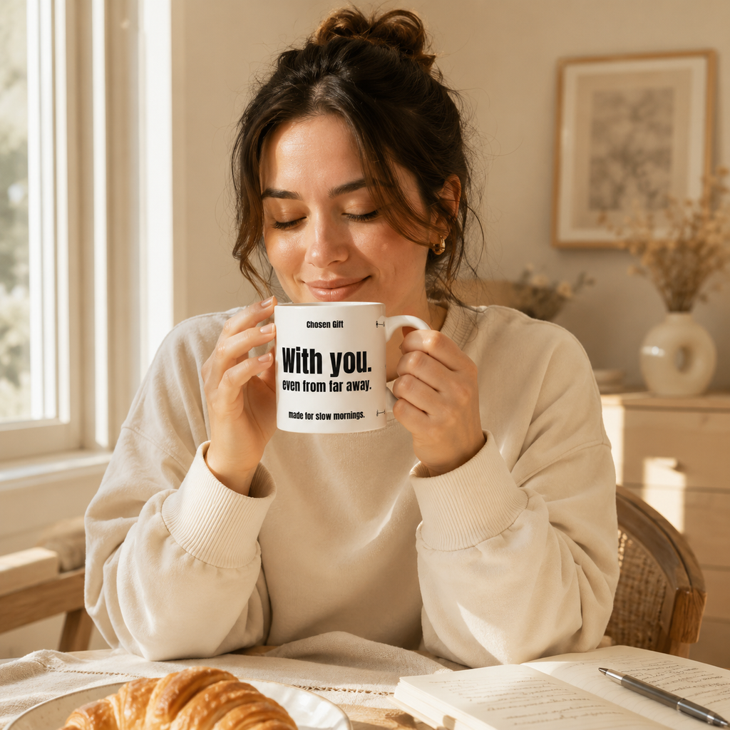 Woman enjoying a sentimental long distance mug during a quiet morning