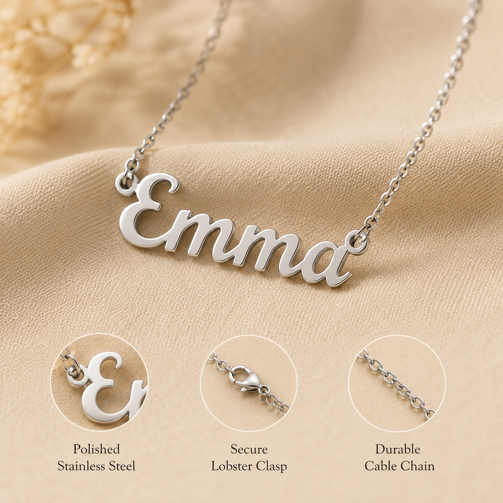 Personalized stainless steel name necklace with lobster clasp and cable chain details