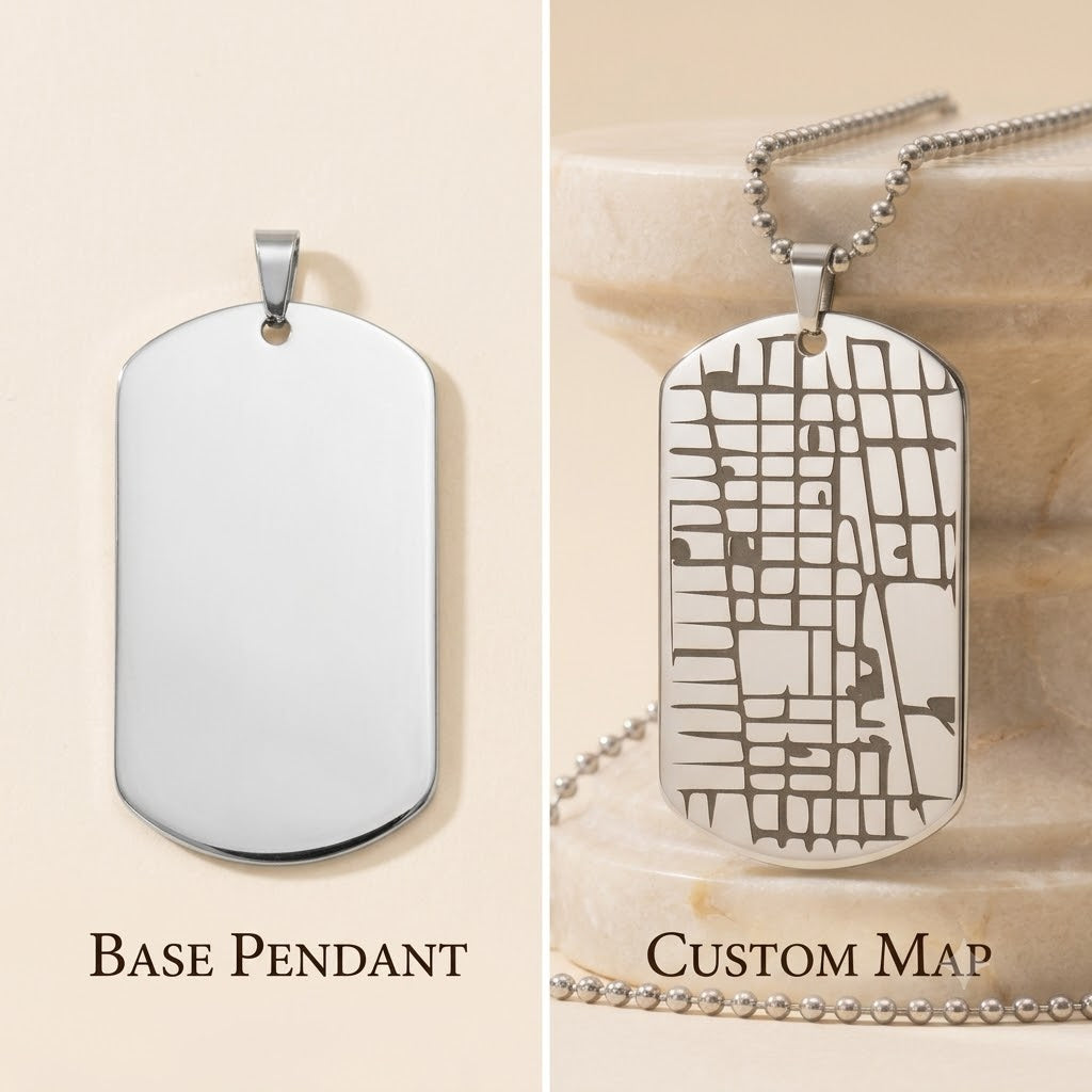 Comparison of polished stainless steel and 18k gold custom map dog tag necklaces.
