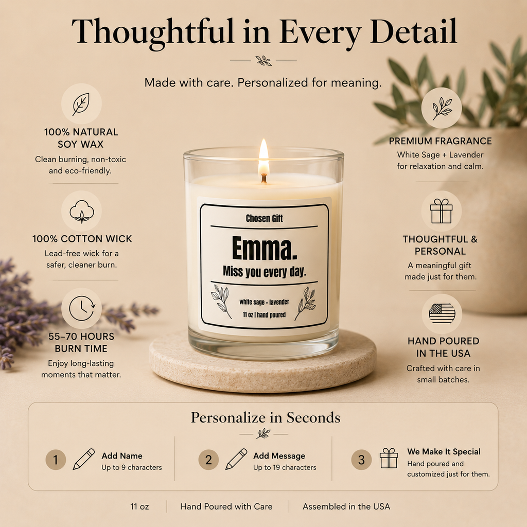 Personalized soy candle features including cotton wick and 55 to 70 hour burn time