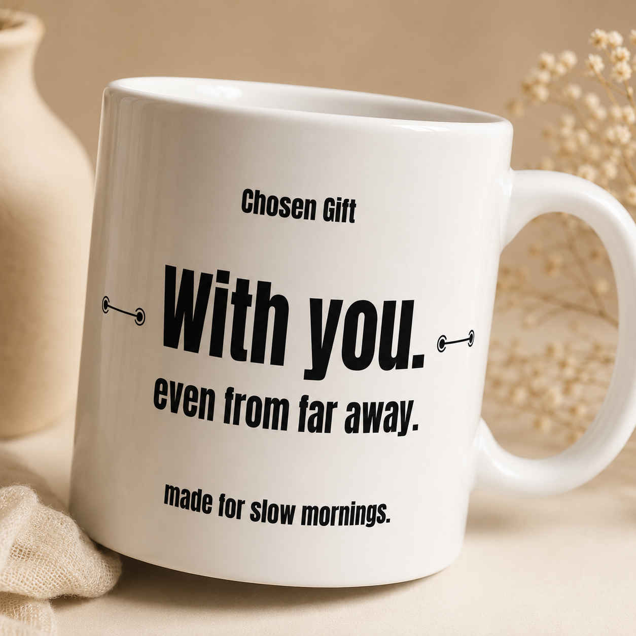 Close-up of white ceramic mug with With You even from far away message